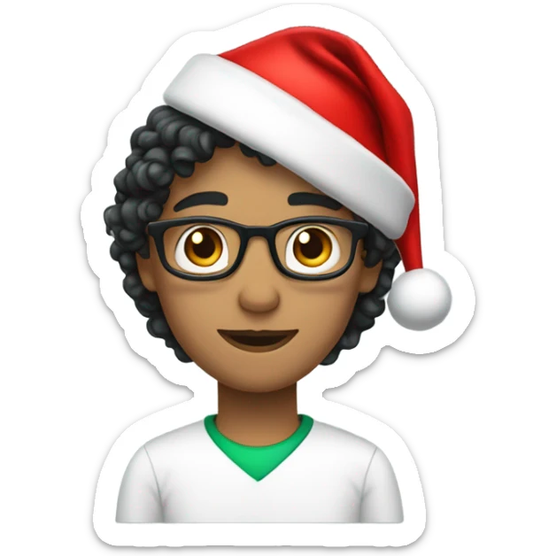 Unisex person ’light skin’ ’short curly dark green hair’ in a ’red Santa hat’ and black teacher  sticker