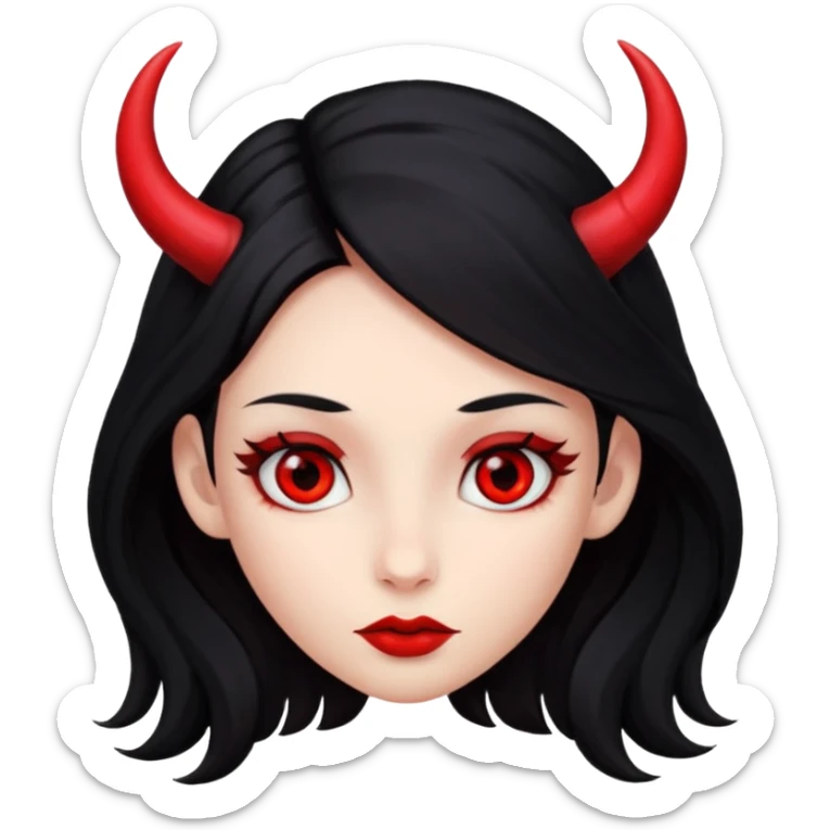 A girl's face with cheekbones, red skin, long black hair, small red horns, and red eyes. sticker