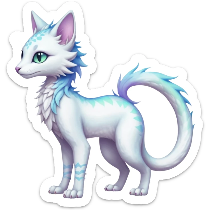 Kawaii white pastel iridescent beautiful pretty elegant divine edgy fantasy feline-vernid-sergal-fursona animal creature with a tufted tail full body with intricate markings  sticker