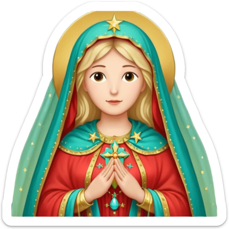 virgen maria catolica con vestido rossa, coral y manto verde turquesa y pequeñas estrellas doradas, dispersas por el manto, muchas estrellas en su manto.con las manos juntas sticker
