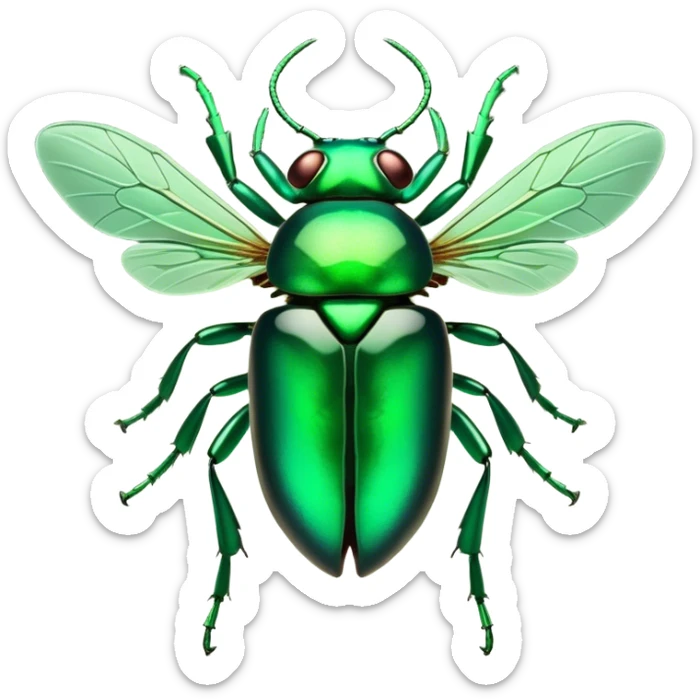 Cinematic Noble Green Bugdie Portrait Emoji, Poised and regal, with a tiny, delicate build and a vibrant, well-detailed emerald exoskeleton, deep-set soulful multifaceted eyes, Simplified yet sharp and sophisticated features, highly detailed, glowing with a soft, dignified glow, high shine, intelligent and alert, stylized with an air of miniature majesty, focused and attentive, soft glowing outline, capturing the essence of a watchful and confident insect, so majestic it feels as though it could scuttle out of the screen with effortless authority! sticker