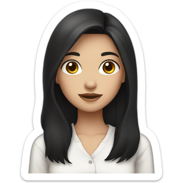 A girl with long black hair, brunette, wearing a white shirt, and brown eyes sticker