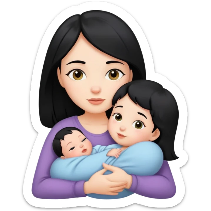 girl with black hair hugs a newborn baby and a girl sticker