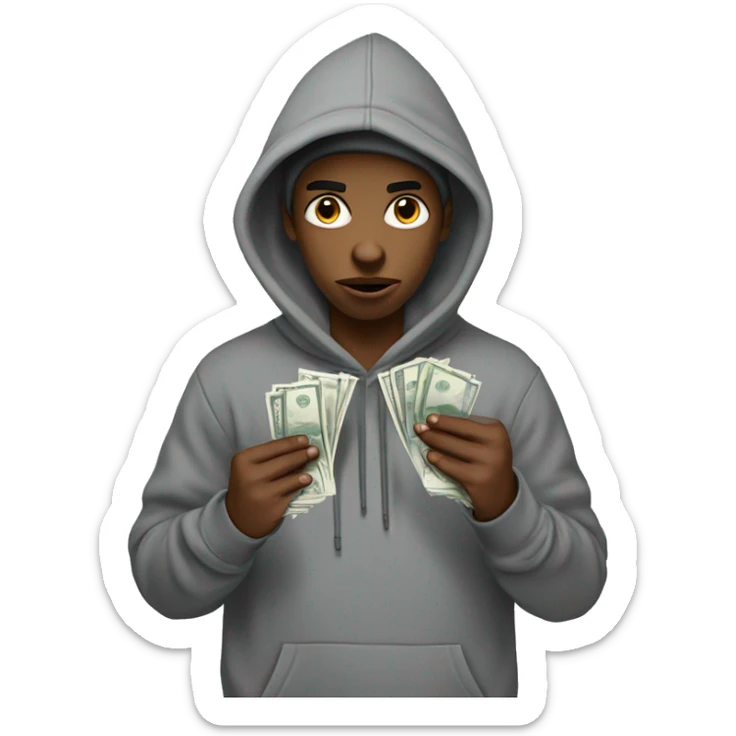 young hustler in hoodie with angry eyes holding lots of English pound notes in both hands  sticker
