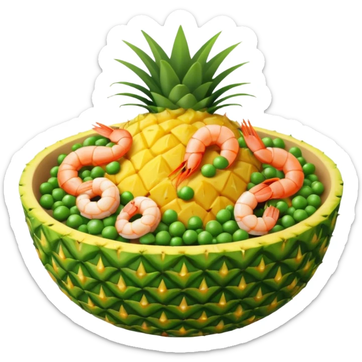 pineapple fried rice emoji, pineapple bowl with golden rice, peas, carrots, and shrimp, cinematic lighting sticker