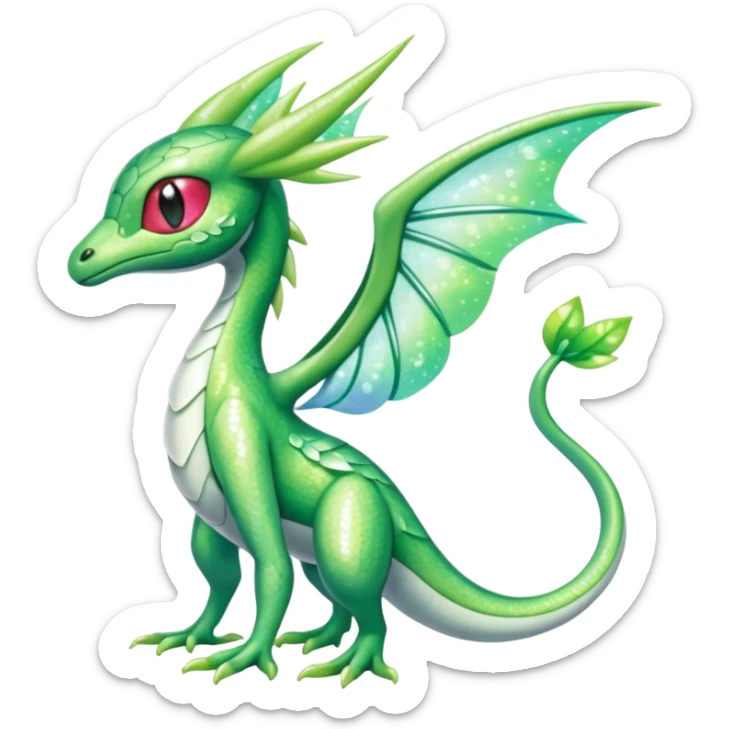 Sparkly White And Green Natural Flowery Colorful Grovyle-Flygon-Celebi-Fakémon-hybrid-creature (full body)  sticker