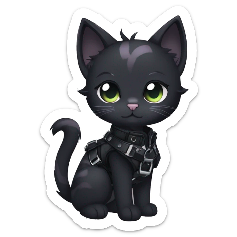 Gorgeous edgy epic punk gothic dark techwear anime style anthro cat with blushing face aesthetic and pretty edgy black with collar and harness trending style sticker