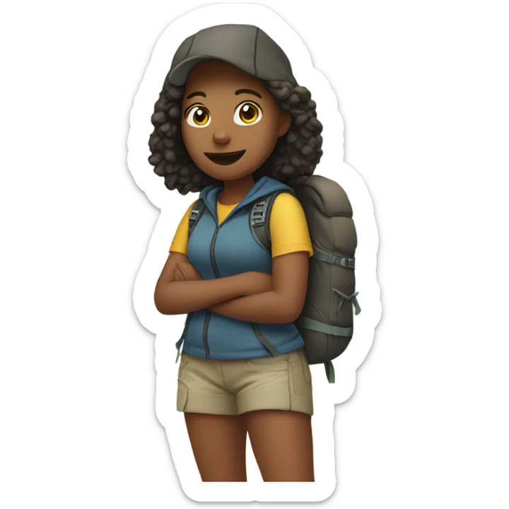 Young adult girl hiking with shorts and a hoodie and a backpack sticker