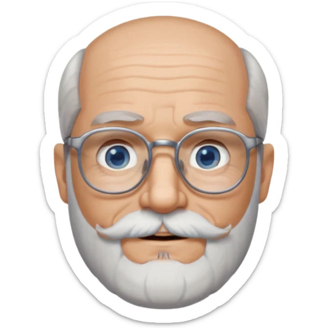 Create me an emoji of an old man. Gray really short size hair. Gray follow-up full beard. Squarer Glasses. Blue eyes. Little smile sticker