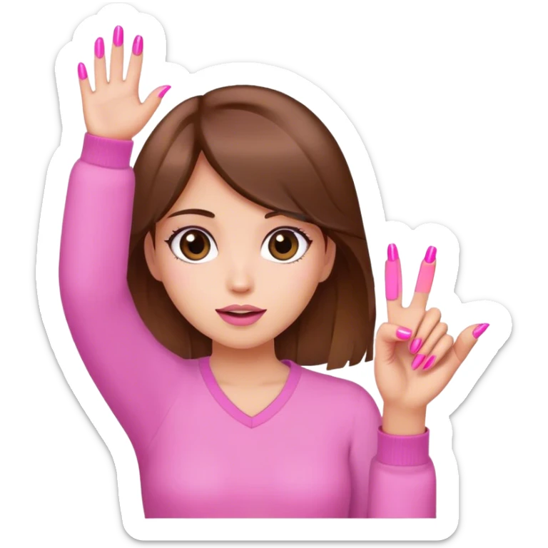 Girl brown hair with her hand up with pink nails sticker