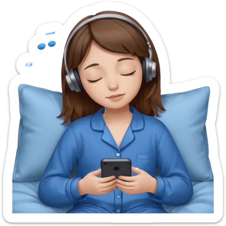 chica con pelo castaño ojos cerrados escuchando musica en pijama azul modo clean girl sticker