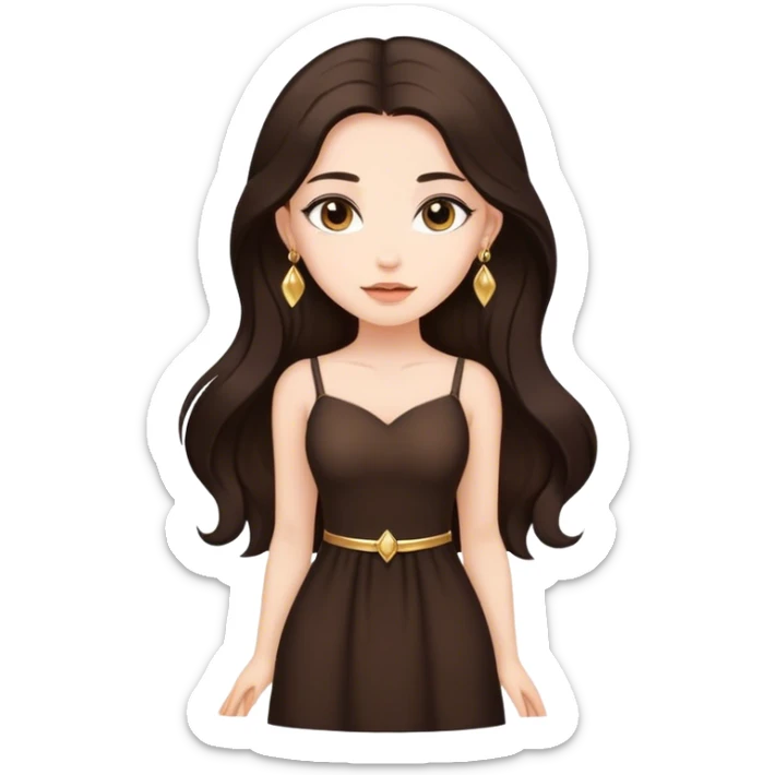 Beautiful woman,cute, long dark brown hair in dark dress with gold earrings sticker