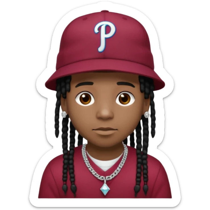 Black boy with short black dreads and a burgundy Phillies hat with a diamond chain that says MOB sticker