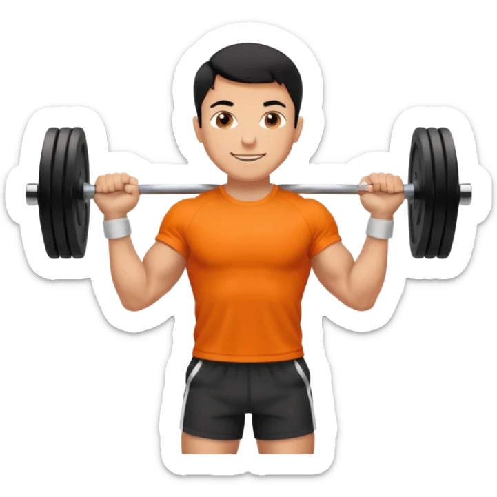 Mach mir einen glücklichen typen der im gym trainert und viele muskeln hat mit einem orangen sport thshirt und schwarzen kurzen haaren sticker