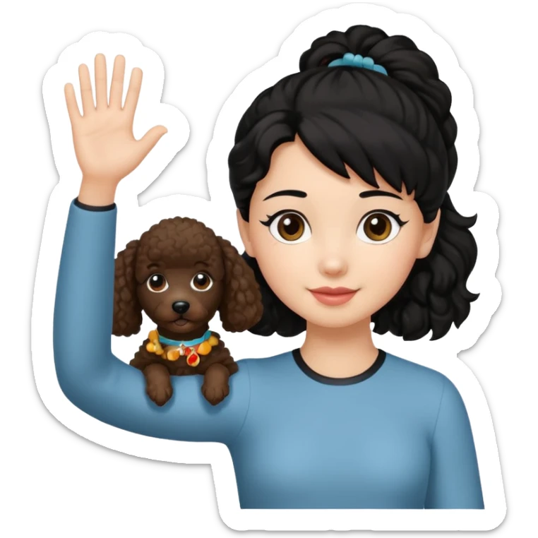 Ponytail black hair girl with brown Poodle say goodbye  sticker