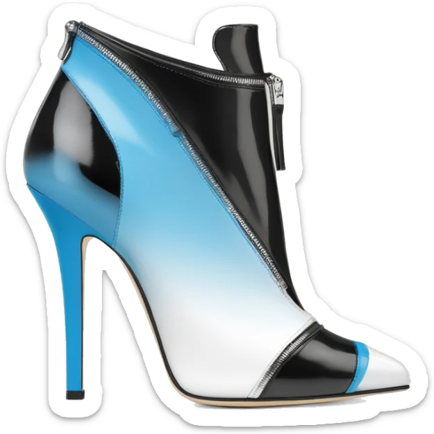 Realistic isolated top view of a pair of white,sky blue,and black ombre Jimmy Choo Stiletto Heel Zippered ankle bootie boots  sticker