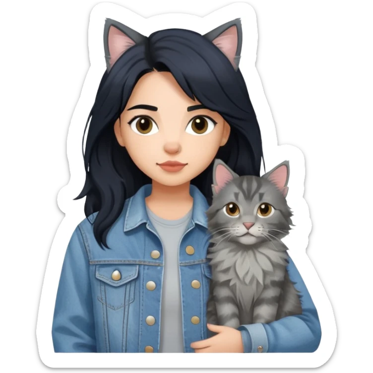 girl with black hair wearing denim jacket with gray maine coon cat sticker