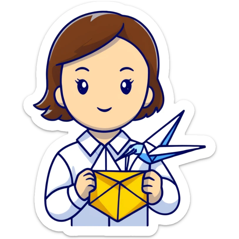Ukrainian young girl with brown hair wearing a white embroidered shirt holds an origami yellow-blue crane sticker