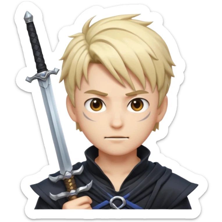 Way cooler with aura very aura and shadow on his face and adult face body Create me an anime character boy emoji looking very cool with swords on his hand sticker