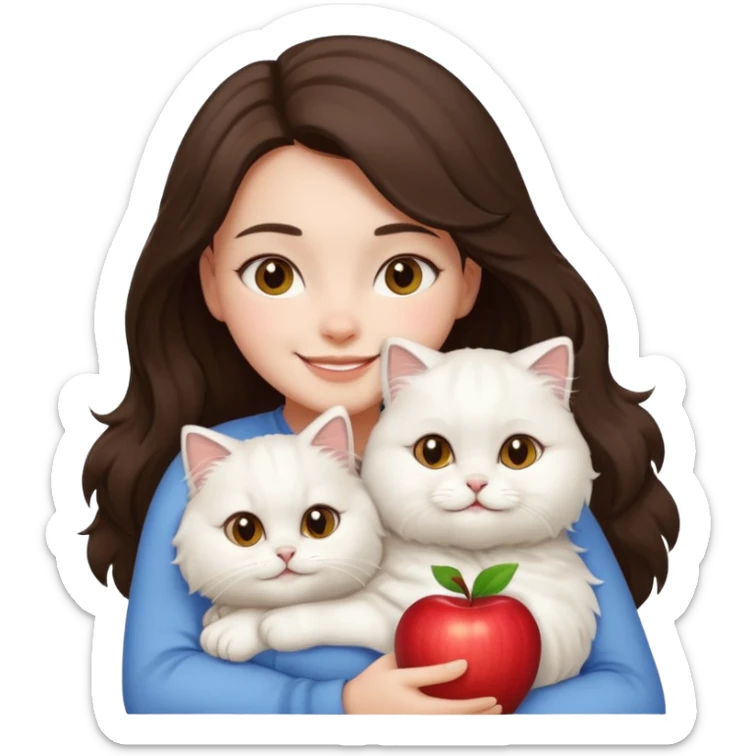brunette girl hugging a fluffy white Persian cat, both smiling, apple emoji style sticker
