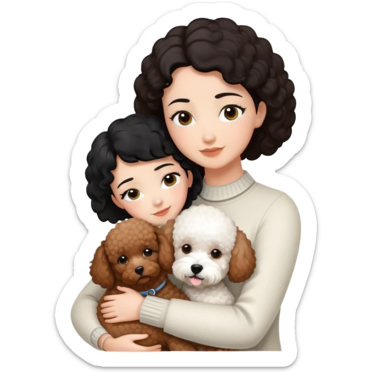 woman with short black hair hugging a brown poodle and a white bichon frise sticker