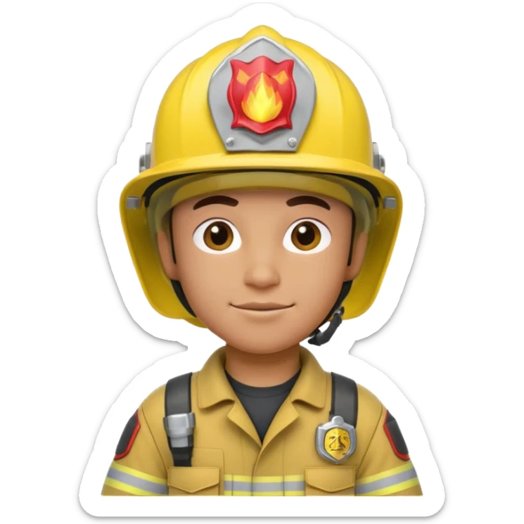 3D cartoon-style firefighter in the Apple emoji style, wearing a bright yellow helmet and fireproof uniform, front-facing, soft lighting, white background. sticker