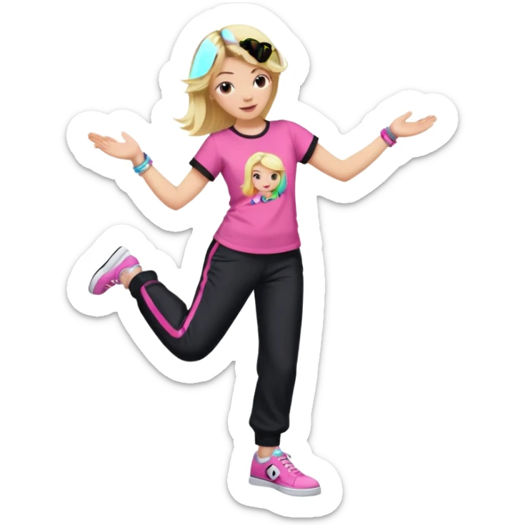 Hiphop dancer, with cute big pants, sneakers, and t-shirt. White girl blond. Coloufull shirt. No pocket pants. Dancing. Pink and black plain outfit. No sweatbands on the wrist, black music box behind her. sticker