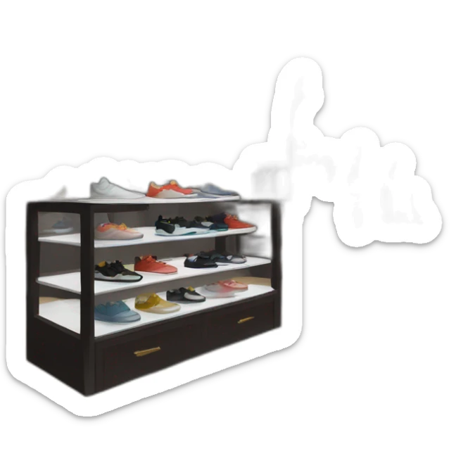 cartoon-styled interior of a expensive sneaker store with some clothes and bags in neutral dark non-bright colors sticker