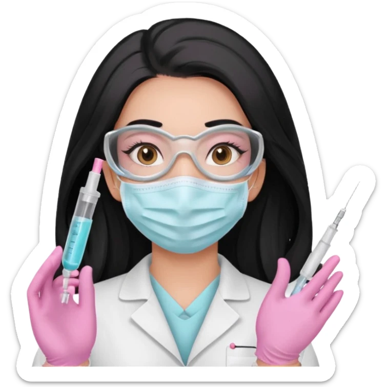 laboratorista con guantes rosa pastel y mascarilla rosa pastel jeringa tubo laboratorio sin lentes pelo lacio negro y largo sticker