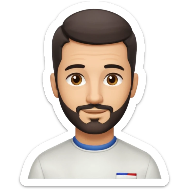 Apple-style 3D emoji of a male barber, dark graying straight hair styled forward in a crop haircut, light stubble beard, warm olive skin, brown eyes, friendly confident smile, slightly raised eyebrows, calm welcoming expression, soft studio lighting, clean background, high quality vector-like render sticker