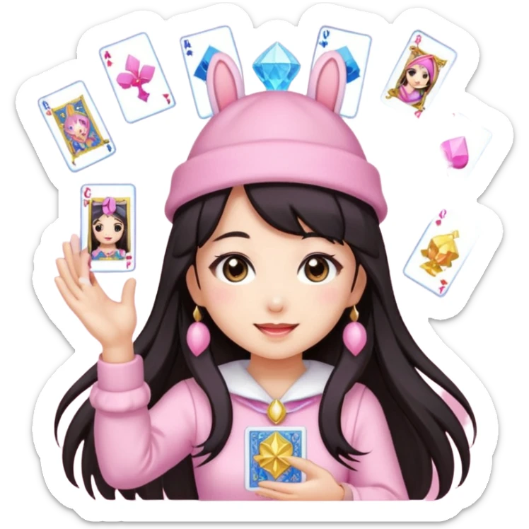 pixel art chibi gear asian girl with dark long hair in pink bunny ears hat magical girl with kawaii tarot cards thrown in air pixel emoji sticker