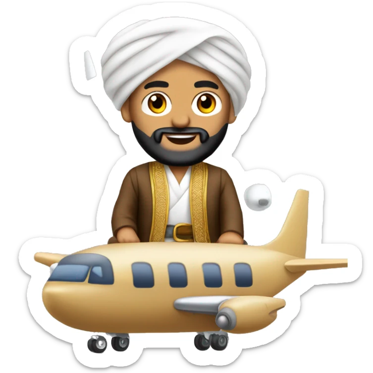 turban Middle East man in traditional  outfit riding on top of tiny Boeing 737 sticker