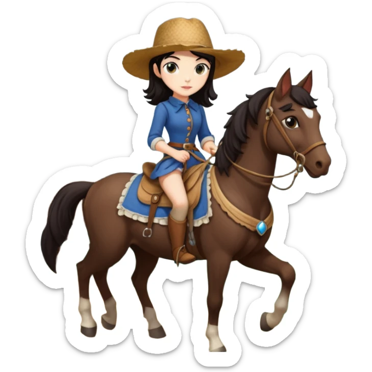  Rustic wood detailed 1854 driving and pretty dark-haired Catgirl riding a horse drawn huge Caravan alone together on a romantic trail in the woods  sticker