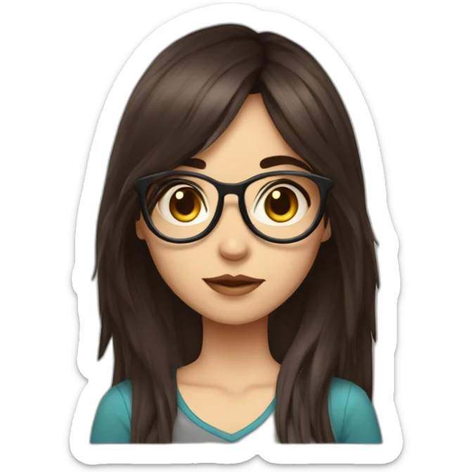 Gamer girl, dark brown and long hair, fringe, raund glasses sticker