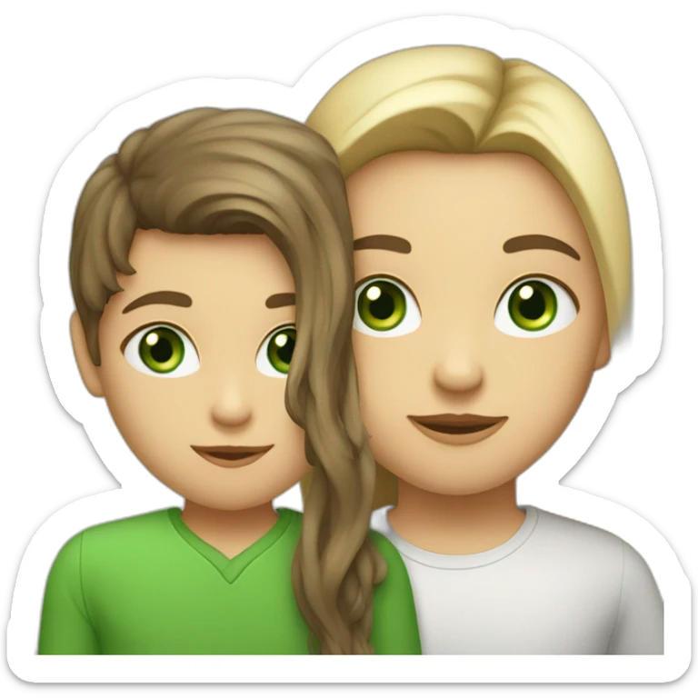 a blond boy with green eyes kisses a brunette girl with long straight hair and  green eyes on the cheek sticker