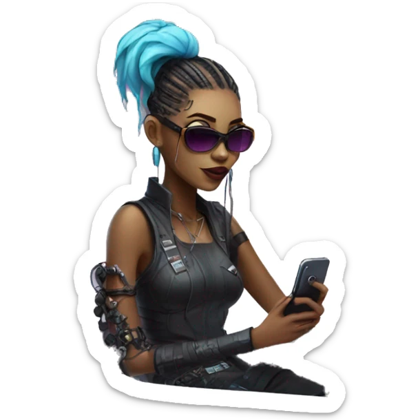 Cyberpunk girl with the phone sitting it fashionable co-working area sticker