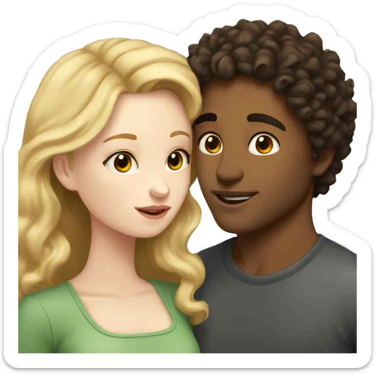 A blonde girl with pale skin kisses a light-skinned brown guy with dark curly hair sticker