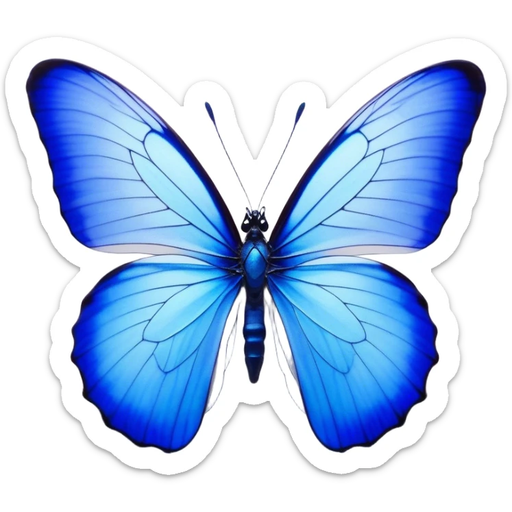 Cinematic Realistic Noble Blue Butterfly Portrait Emoji, Poised and graceful, with delicate, translucent wings rendered in vivid sapphire and indigo tones, a slender, elegant body with finely detailed textures, and gentle, reflective eyes, illuminated by soft natural light, high shine, intelligent and ethereal, styled with an air of refined natural beauty, focused and attentive, soft glowing outline, capturing the essence of a watchful and confident blue butterfly that appears to flutter out of the screen with effortless grace! sticker