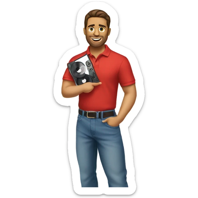 brunette man wearing red polo and baggy jeans looking at records sticker