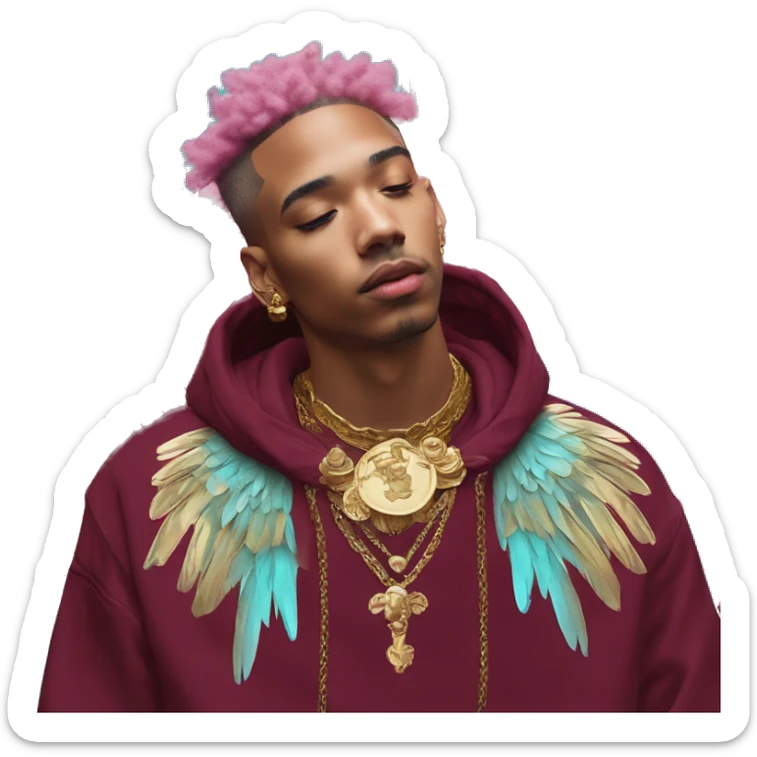 Vintage painting swirls gold jewellery baroque raven wings angel tropical Deep pink maroon burgundy cyan dark hoodie man vitiligo dyed hair gold piercings nose piercing ear piercings sticker