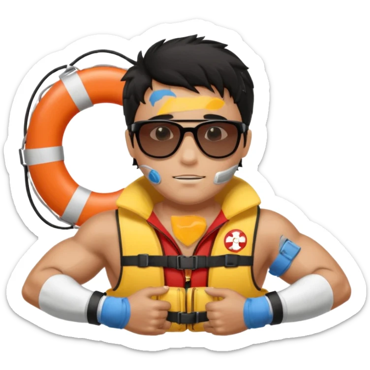 Dark Tan Muscular lifeguard with messy black hair with sunglasses, with life preserver sticker