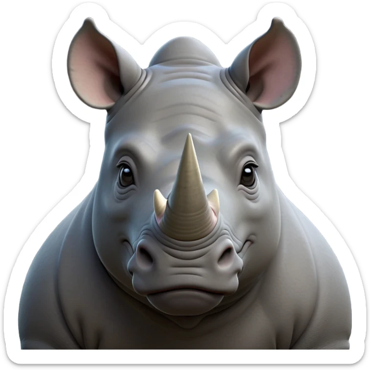 cinematic-noble--rhinoceros-portrait-emoji,slate-grey-hide--poised-and-regal,-with-a-massive,-powerful-build-and-a-thick, -deep-set-soulful-piercing-eyes,-simplified-yet-sharp-and-sophisticated-features,-highly-detailed,-large-black-eyes, zoomed out showing shoulders, large white horn  sticker