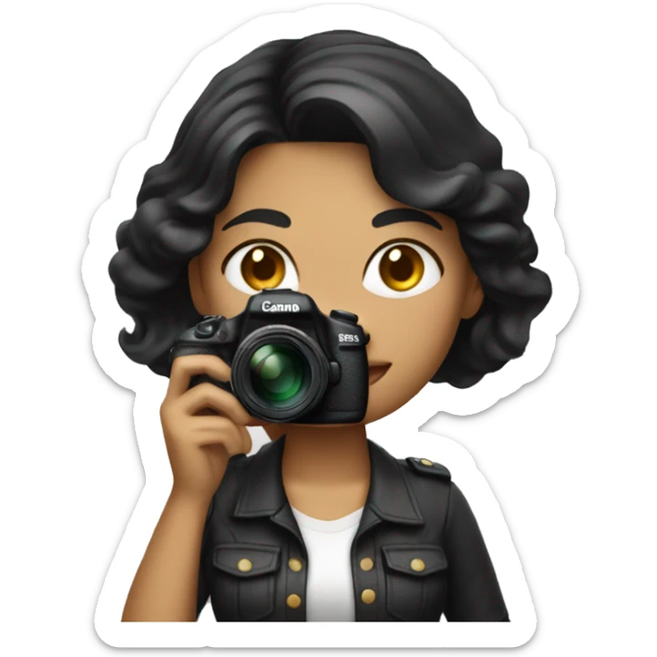 women photographer with black hair and light skin holding a camera canon sticker