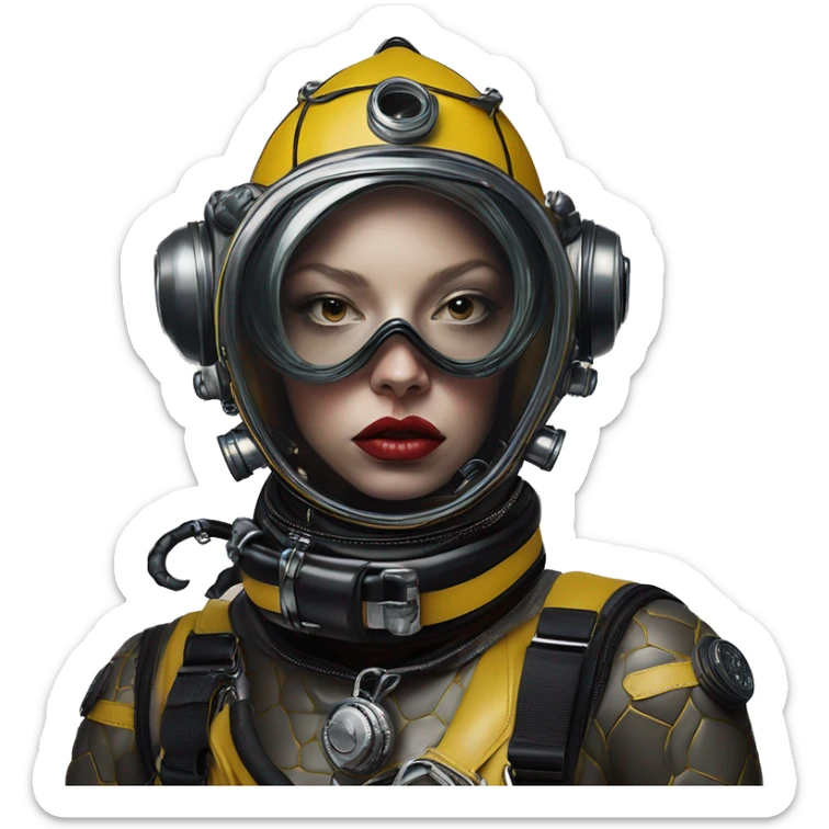 Wasp diver in Dior Gucci Hermes leather straps, oil paint, mysterious eyes, intricate lips, masterpiece portrait , odd perspective, beautiful, desirable, logical sticker