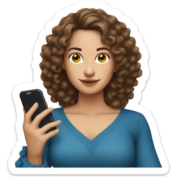 Spain woman content creator with long curly brown hair in blue dress and with smartphone  sticker