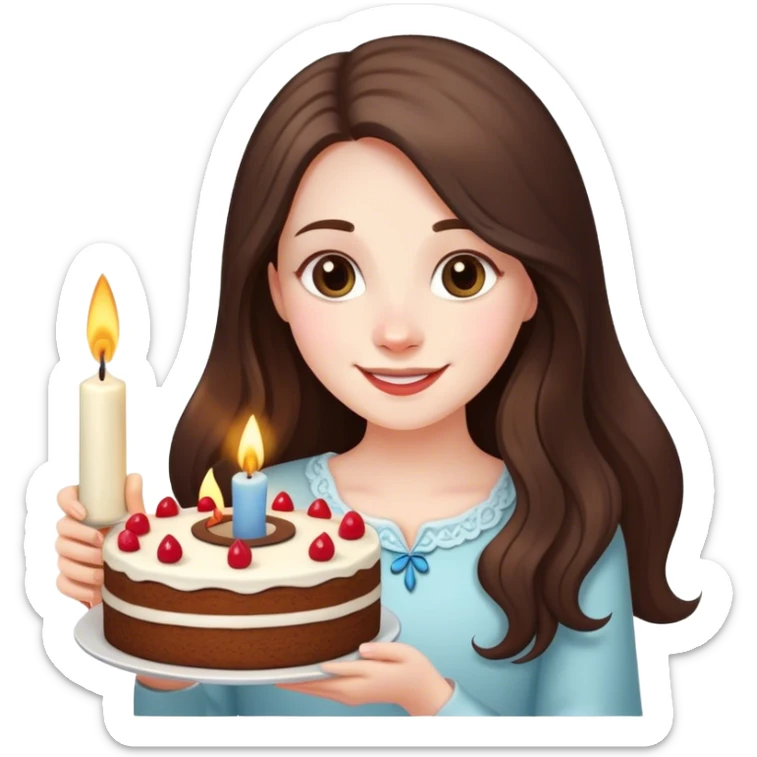 happy beautiful pale brunette girl with long hair holding a piece of cake with candle sticker