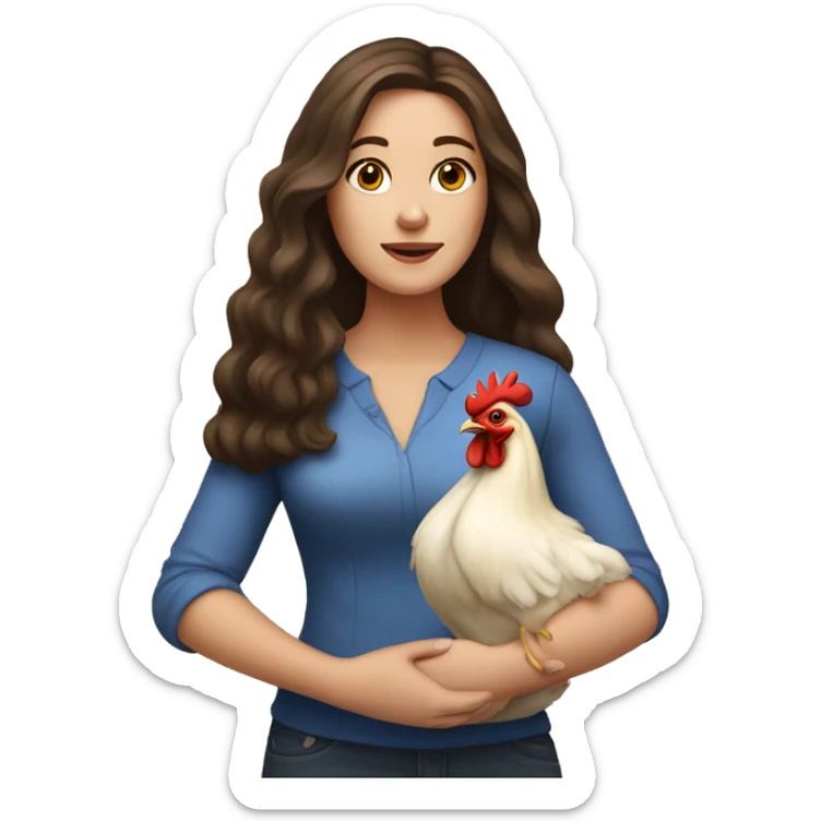 white brunette woman with long hair and brown eyes holding a chicken sticker