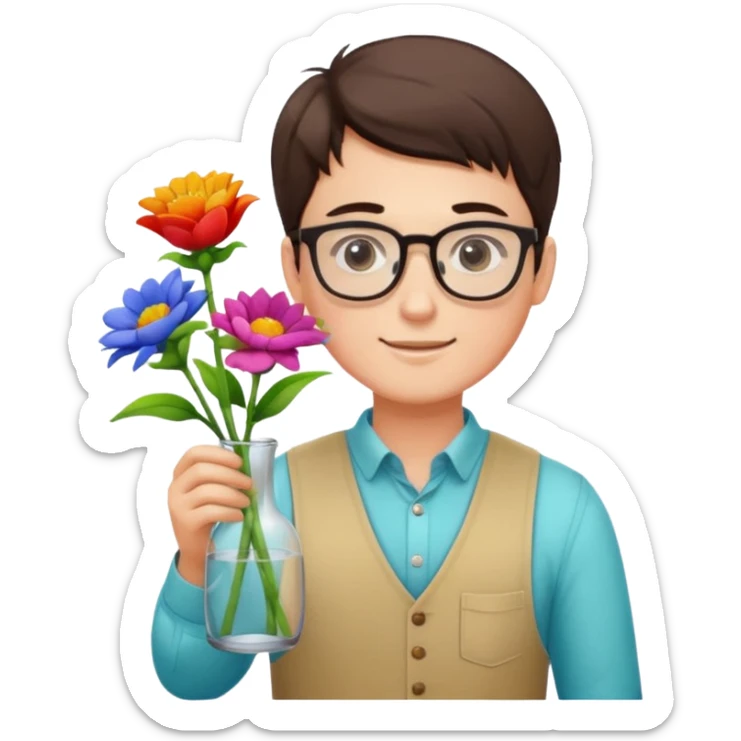 Young male florist – wearing glasses, arranging flowers in a vase. sticker