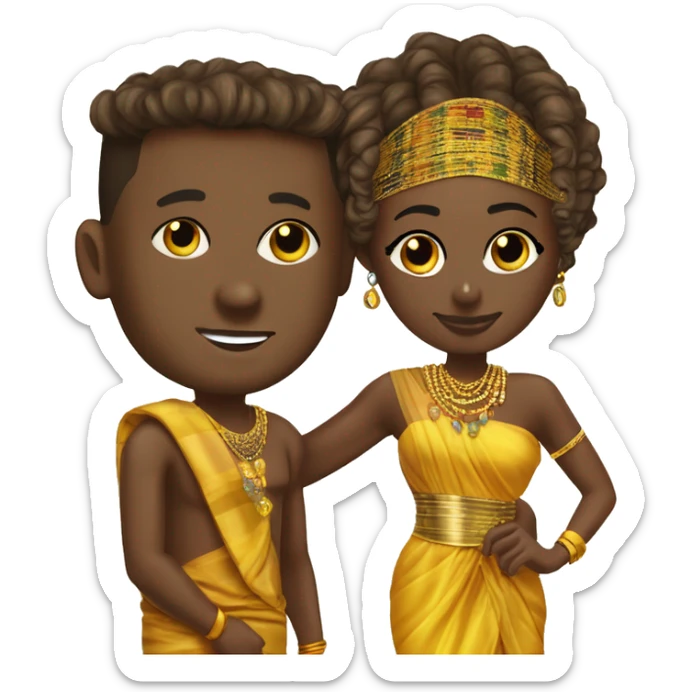 Ghanaian brown skin bride and brown skin groom. Gold jewelry and gold head with kente one shoulder dress. Kente toga sticker