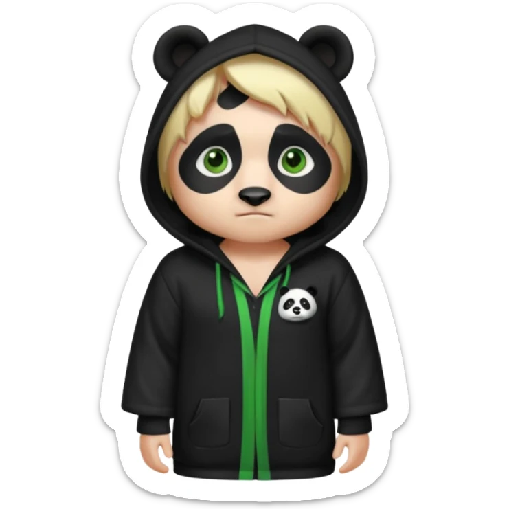 A white man with green eyes, medium-length blond hair, wearing a panda hoodie and black pajama-like robes. sticker